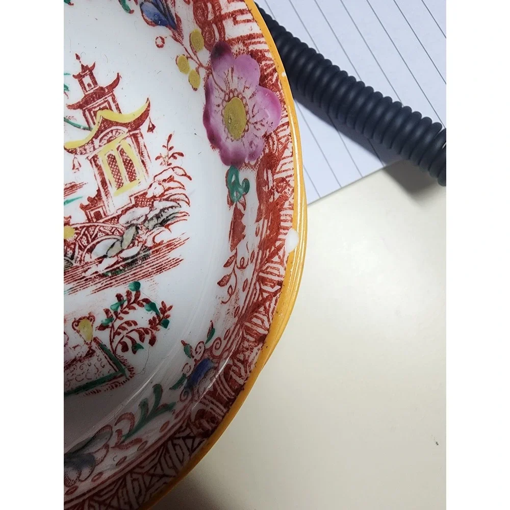 Set of 5 Chinoiserie Pagoda Bridge Small Shallow‎ Bowls Saucers Gold Rim 5.25